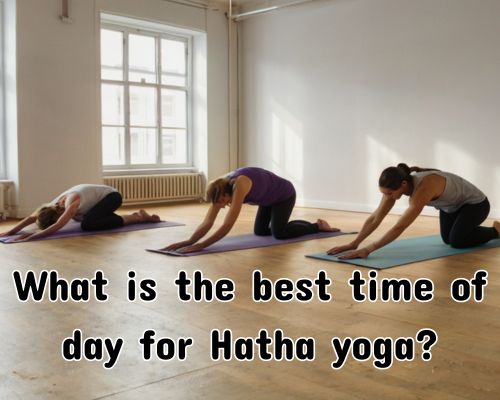 Group practicing Hatha yoga in a studio.