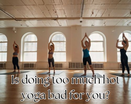 Bikram yoga sequence shown by women in serene setting.