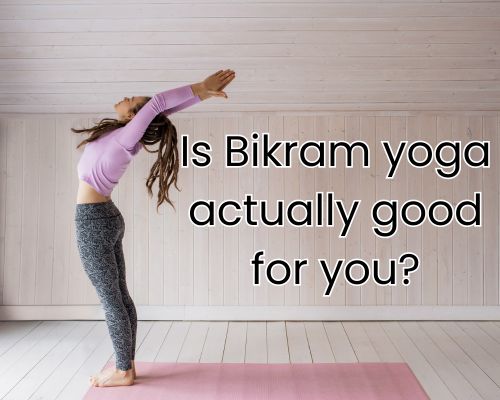 Woman’s flexibility shines in Bikram yoga practice.